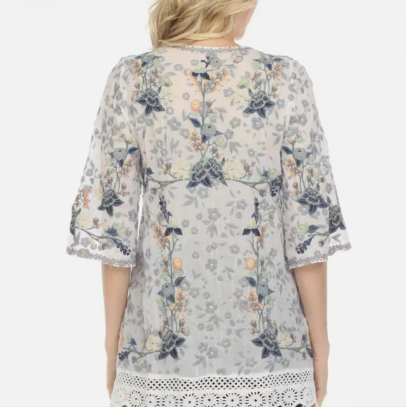 Johnny Was White Azalia Floral Embroidered 3/4 Sleeve Tunic Top Boho Chic Size L - Picture 5 of 12
